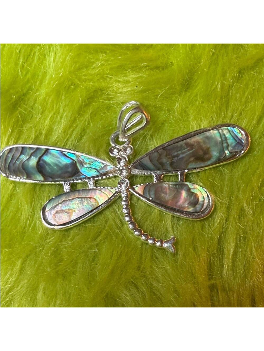 🪲 Abalone Dragonfly Pendant Silver-Tone Iridescent Shell ✨